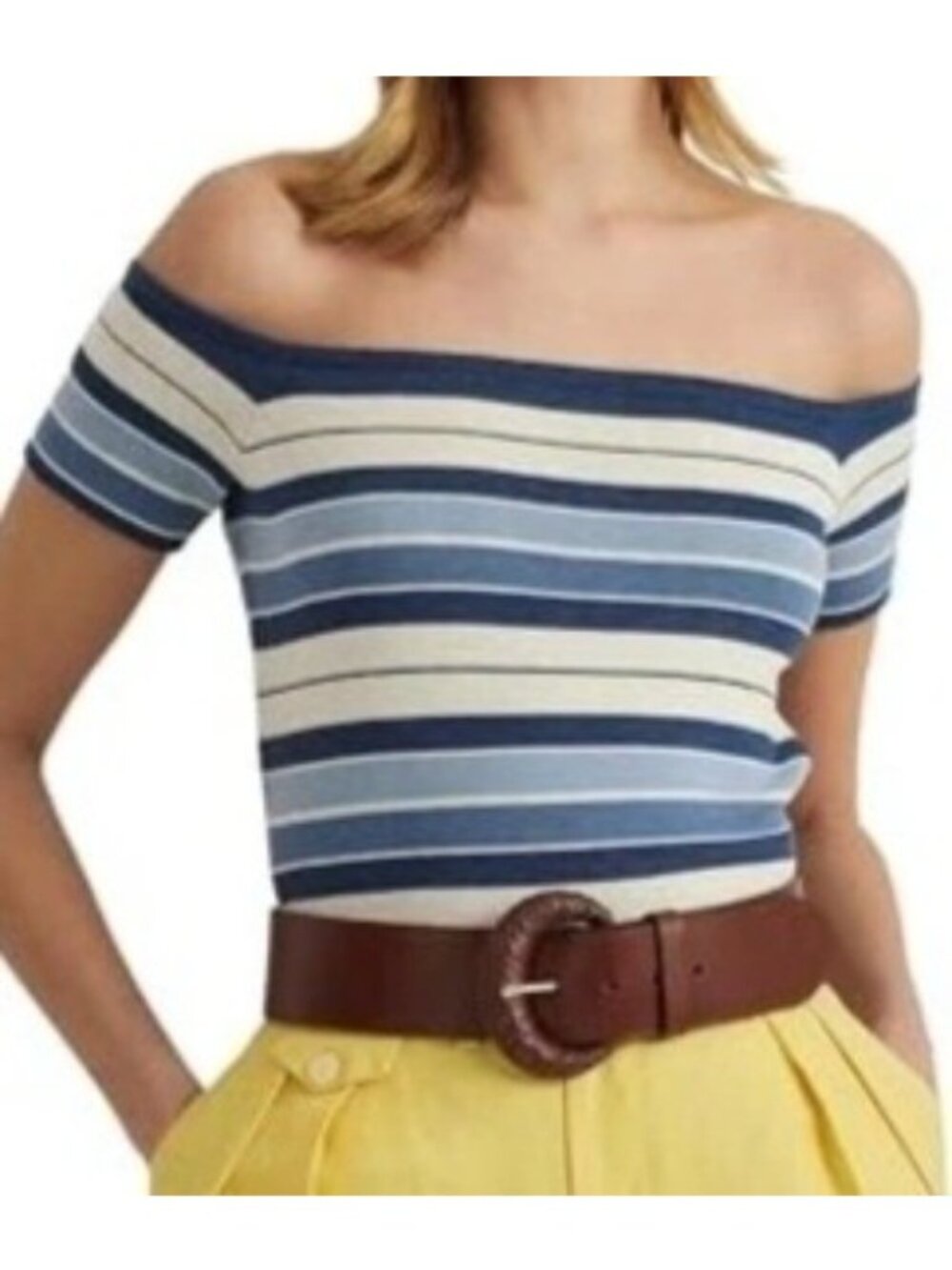 NWT Lauren Ralph Lauren Women's L Striped Linen Blend Knit Off Shoulder Crop Top
